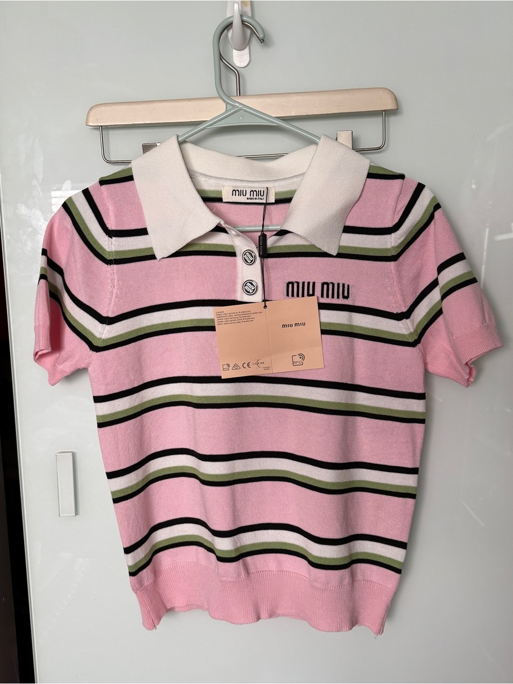 Miu Miu Pink Striped Polo Top with White Collar